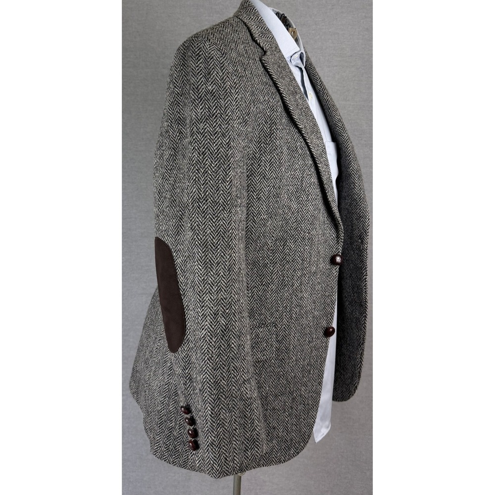 Bespoke Harris Tweed Wool Herringbone Blazer Elbow Patch Mens 42R Grey
